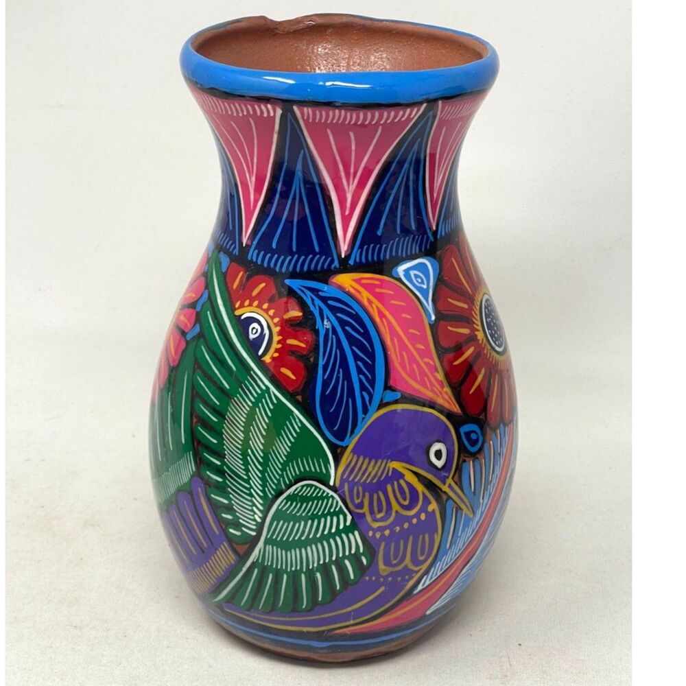 Vtg Mexican Folk Art Pottery Hand Painted Vase Terra Cotta Bird Colorful 7/5"